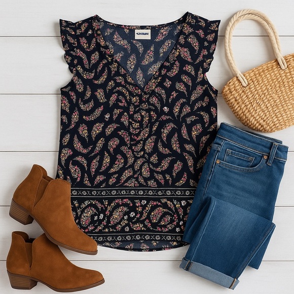 Old Navy | Black Floral Ruffle Sleeve V-Neck Blouse M - Picture 12 of 13